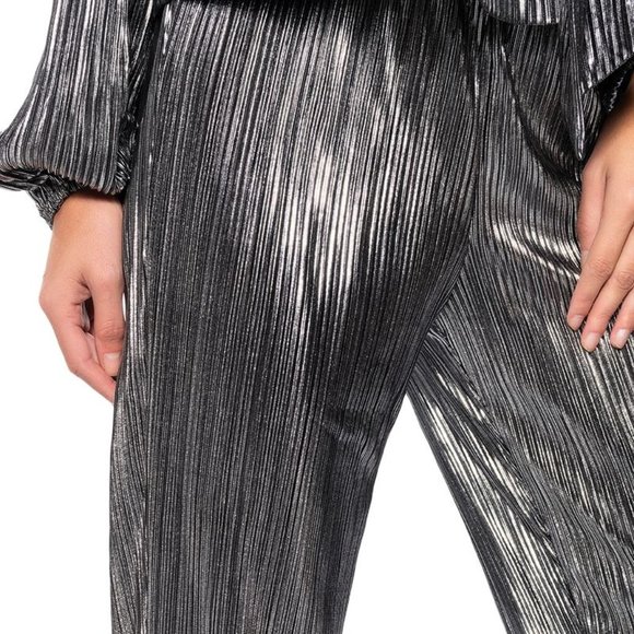 Elaine Pleats Please: Silver Metallic Palazzo Pant M - Picture 2 of 6
